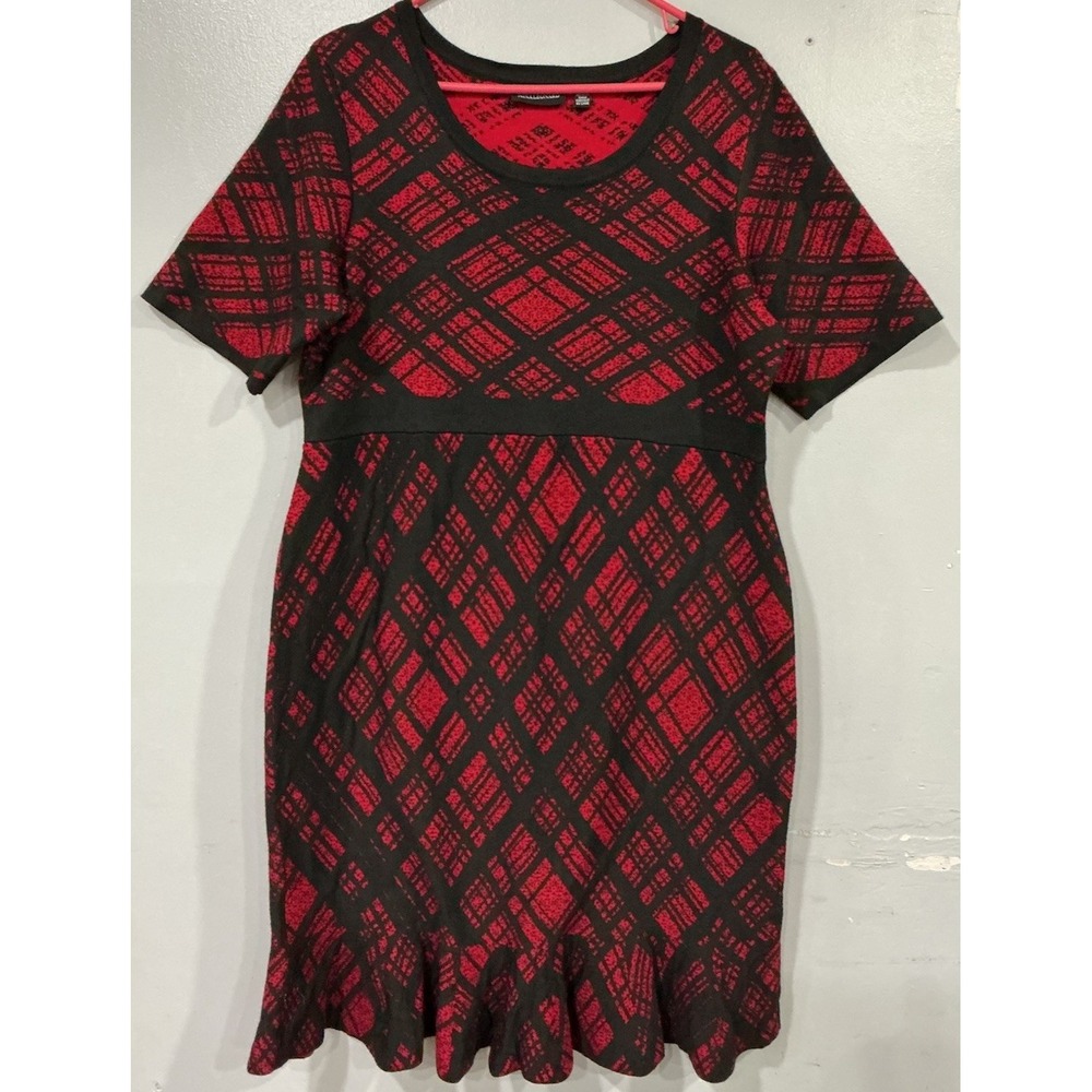 Nina Leonard Sweater Dress Women's XL Red Black Short Sleeve Ruffle Hem